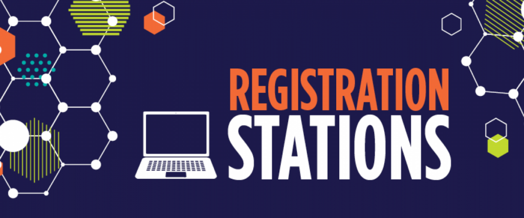 Registration Stations illustration with laptop computer